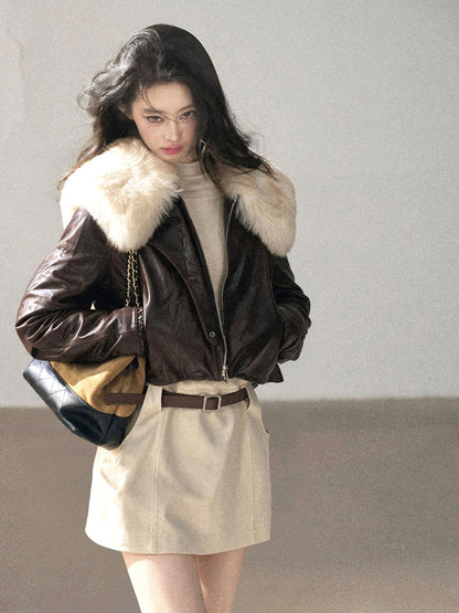 AOMALM - Chestnut Brown Lambskin Leather Goose Down Jacket