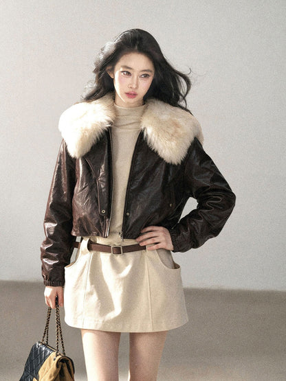 AOMALM - Chestnut Brown Lambskin Leather Goose Down Jacket