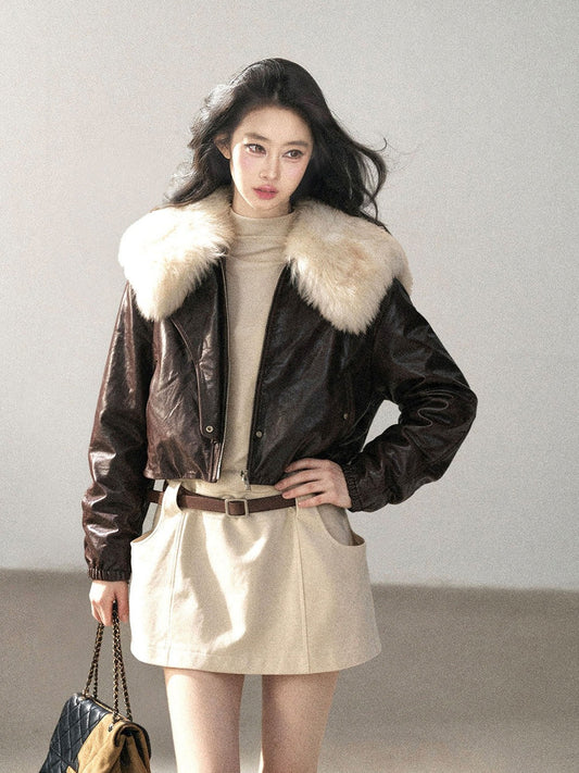 AOMALM - Chestnut Brown Lambskin Leather Goose Down Jacket