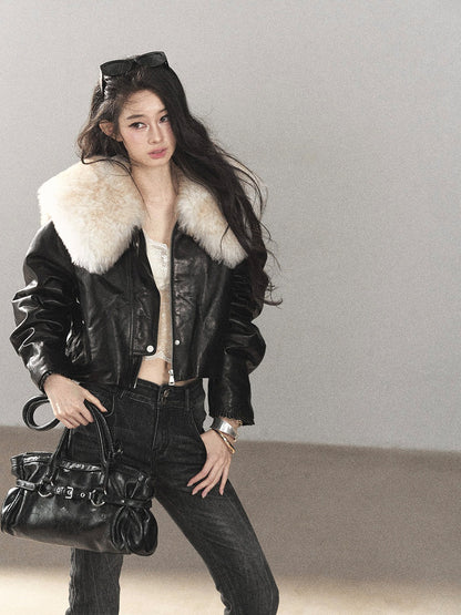 AOMALM - Black Lambskin Leather Goose Down Jacket