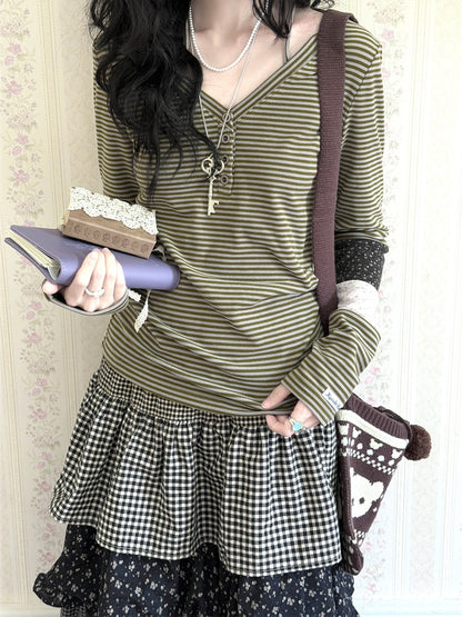 KYOUKO - Floral Henley Top, Plaid Tiered Skirt & Mint Sheer Overlay Set