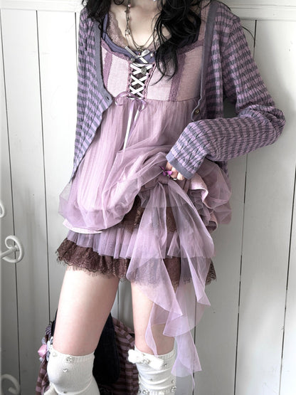 KYOUKO - Lavender Striped Cardigan, Mesh Top, Lace Cami & Ribbon Skirt Set