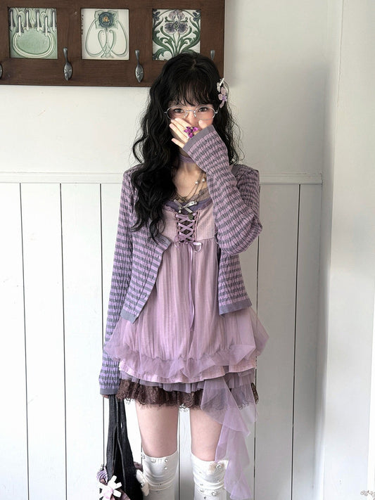 KYOUKO - Lavender Striped Cardigan, Mesh Top, Lace Cami & Ribbon Skirt Set