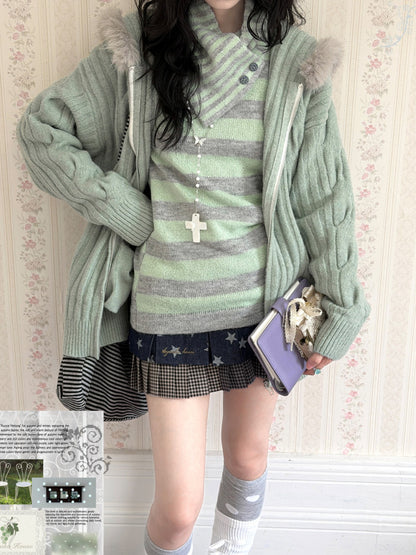KYOUKO - Mint Green Hooded Knit Cardigan & Striped Top 3-Piece Set