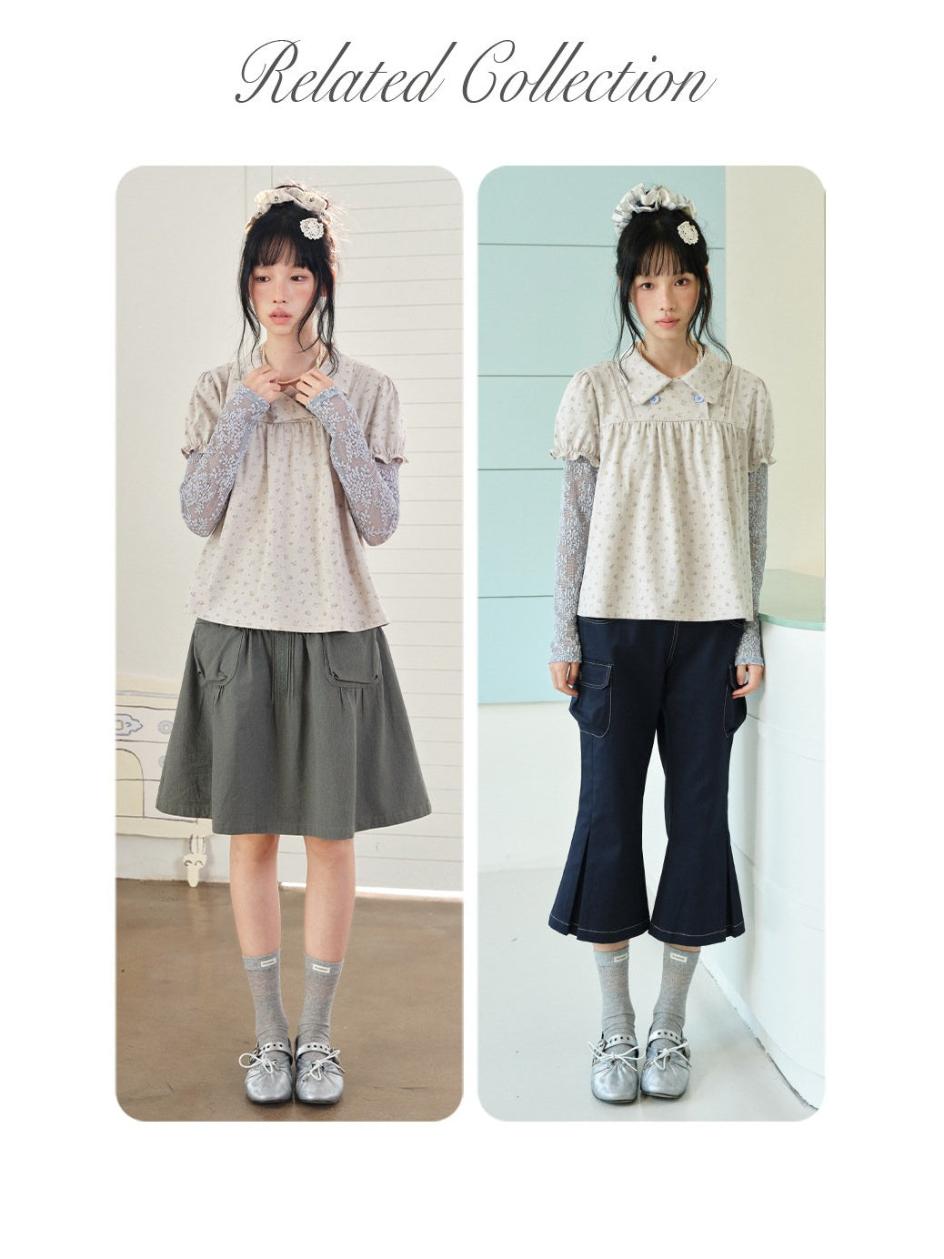DAILY ARTIST - “Blue Letters of Memory” Gray Blue Floral Faux-Layer Lace Knit Top
