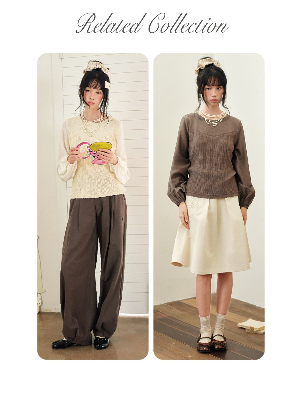 DAILY ARTIST - “Soft Woven Wind” Silk-Wool Sheer Sleeve Knit Top (Brown / Beige)