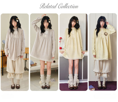 DAILY ARTIST - “Pale Twilight Sequence” Vintage Lace Appliqué Babydoll Dress (Light Brown / Pale Yellow)