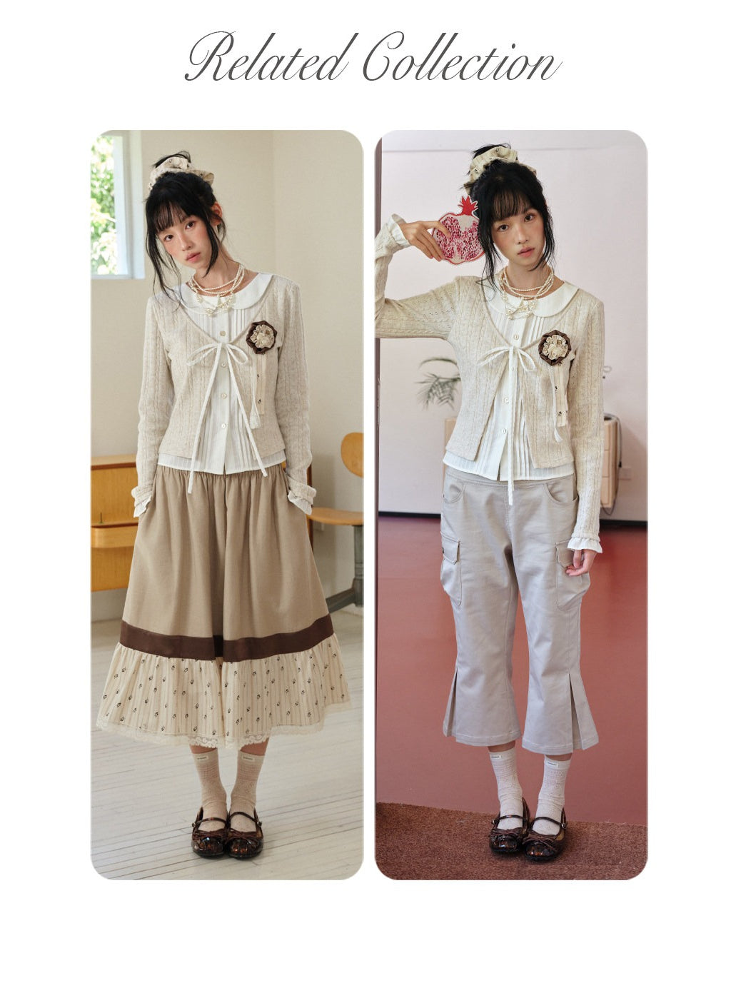 DAILY ARTIST - Warm Beige Faux-Layer Doll-Collar Tie Cardigan