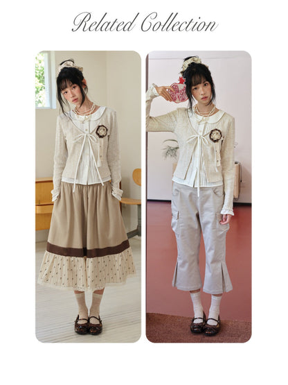 DAILY ARTIST - Warm Beige Faux-Layer Doll-Collar Tie Cardigan