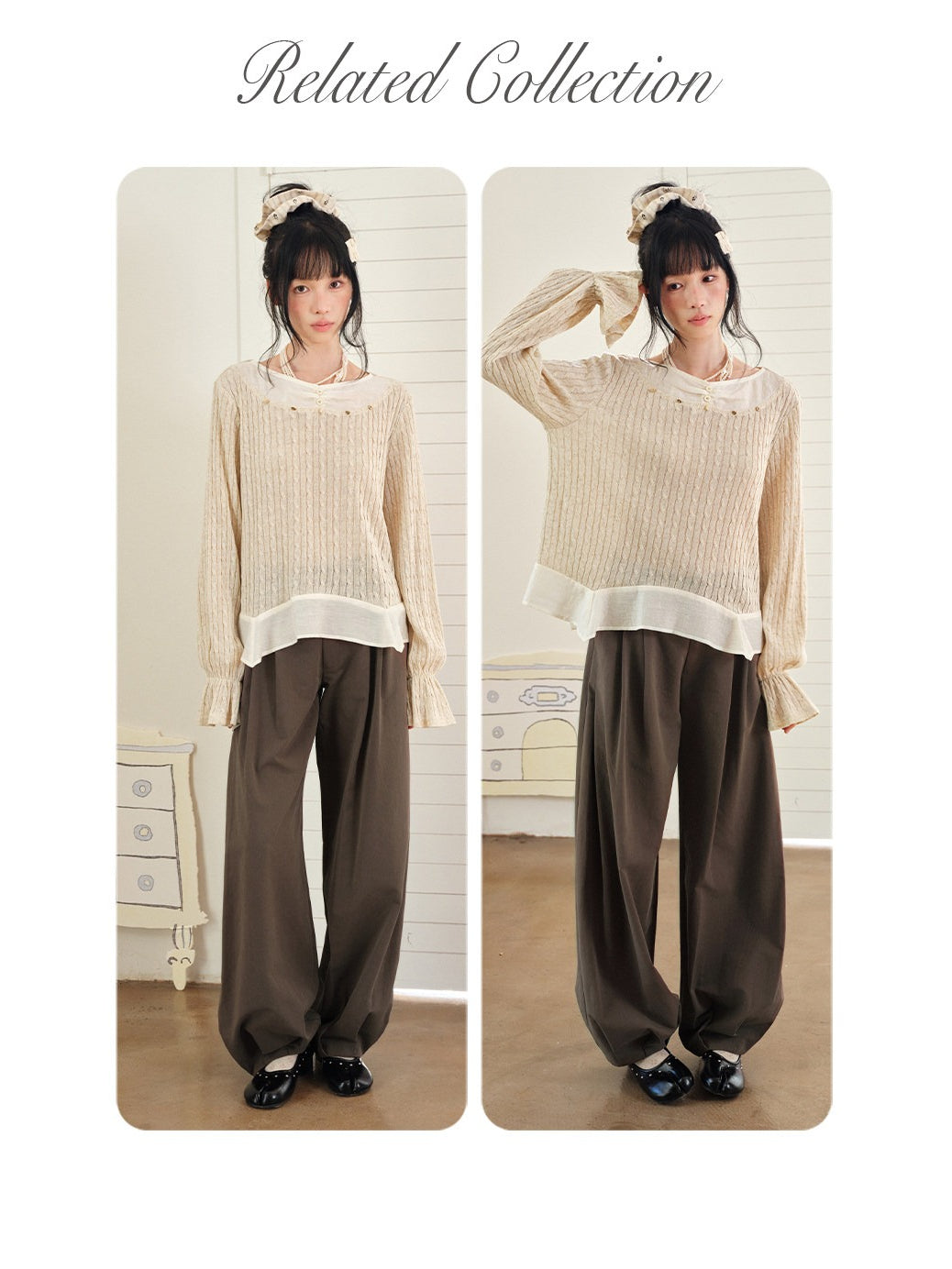 DAILY ARTIST - Almond Beige Lace-Trim Textured Knit Top