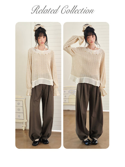 DAILY ARTIST - Almond Beige Lace-Trim Textured Knit Top