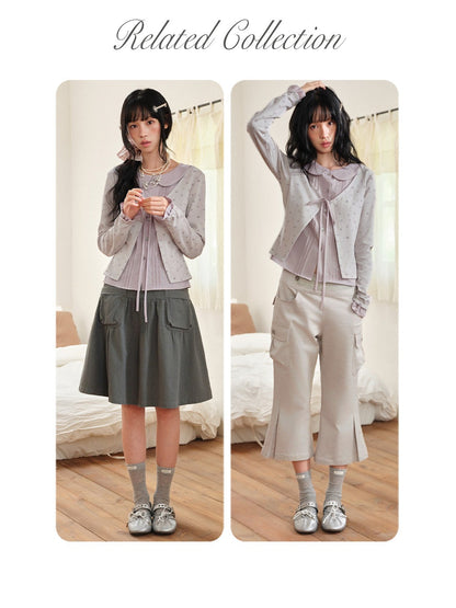 DAILY ARTIST - Purple Floral Faux-Layered Doll-Collar Knit Cardigan