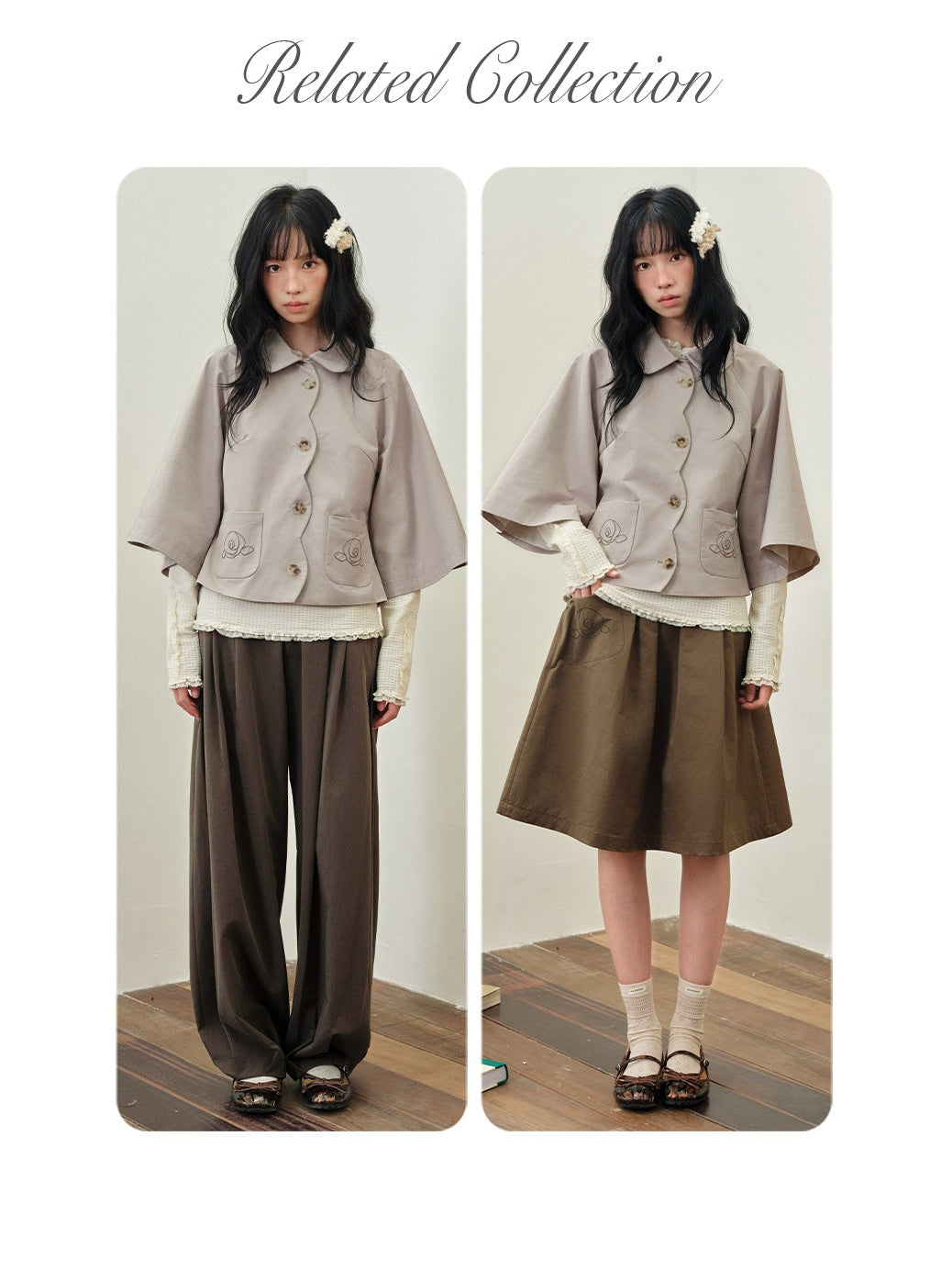 DAILY ARTIST - Taupe Brown Rose Embroidered Cape-Sleeve Jacket
