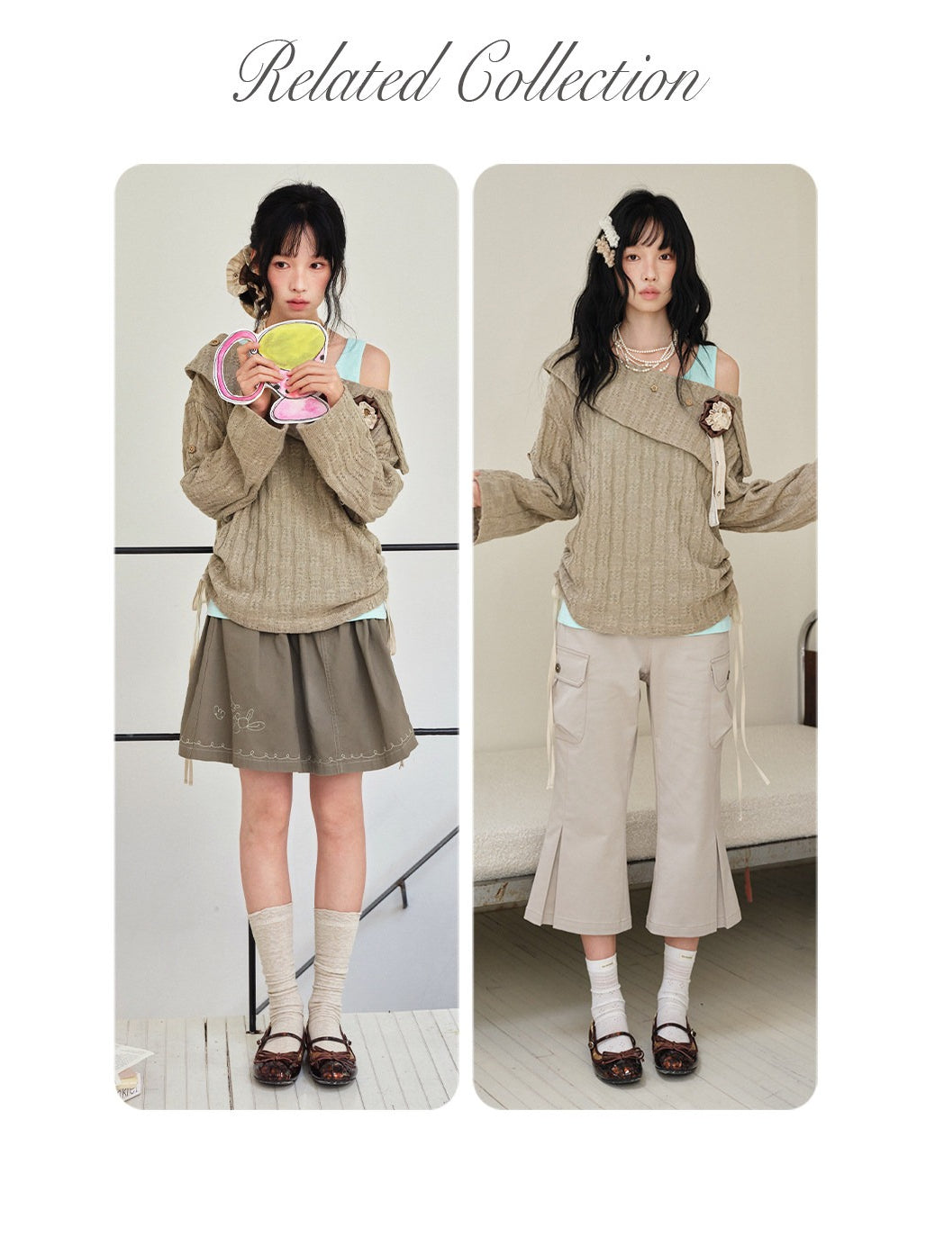 DAILY ARTIST - Brown Cable-Knit Sweater & Mint Green Tank Set