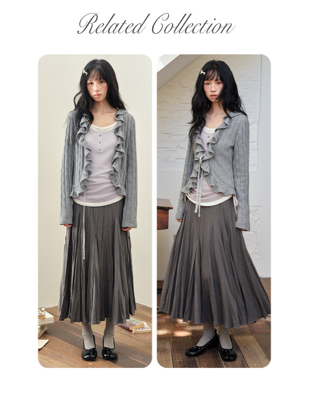 DAILY ARTIST - Gray Ruffle-Trim Cardigan & Purple Layered Top Set