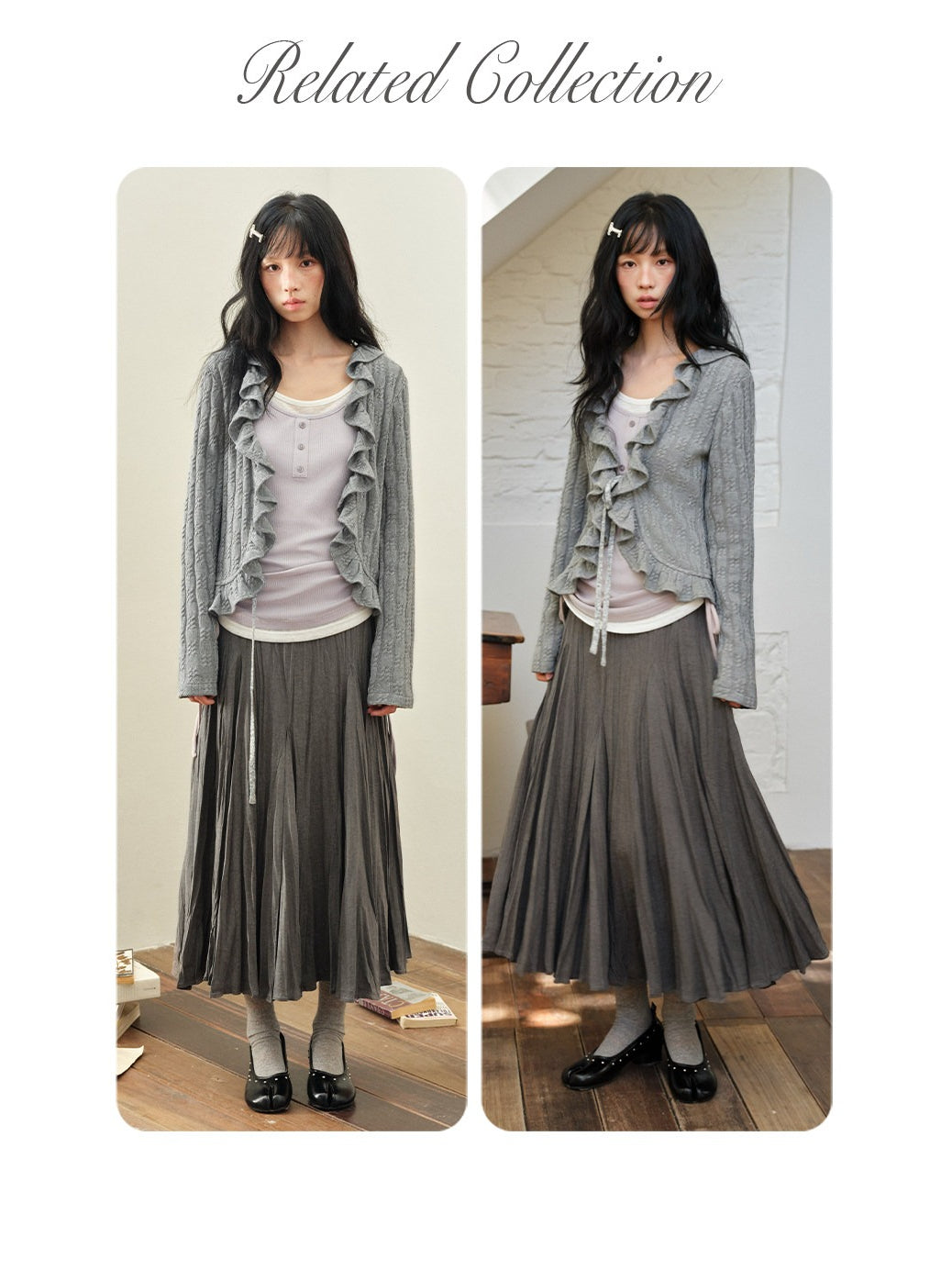 DAILY ARTIST - Dark Gray Textured Pleated A-Line Maxi Skirt