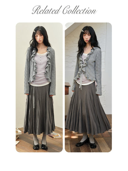 DAILY ARTIST - Dark Gray Textured Pleated A-Line Maxi Skirt