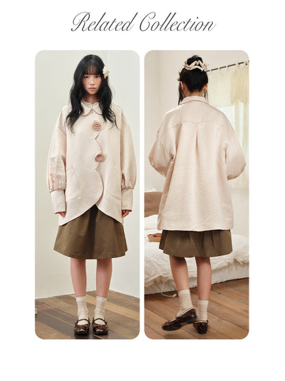 DAILY ARTIST - Soft Pink Pearl Satin Rose Bubble Sleeve Jacket