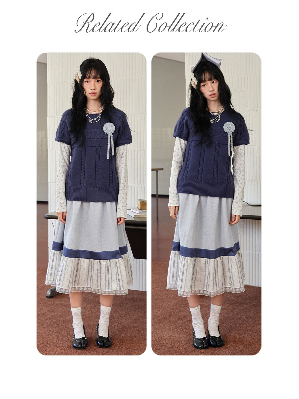 DAILY ARTIST - Navy Cable Knit Short-Sleeve Top