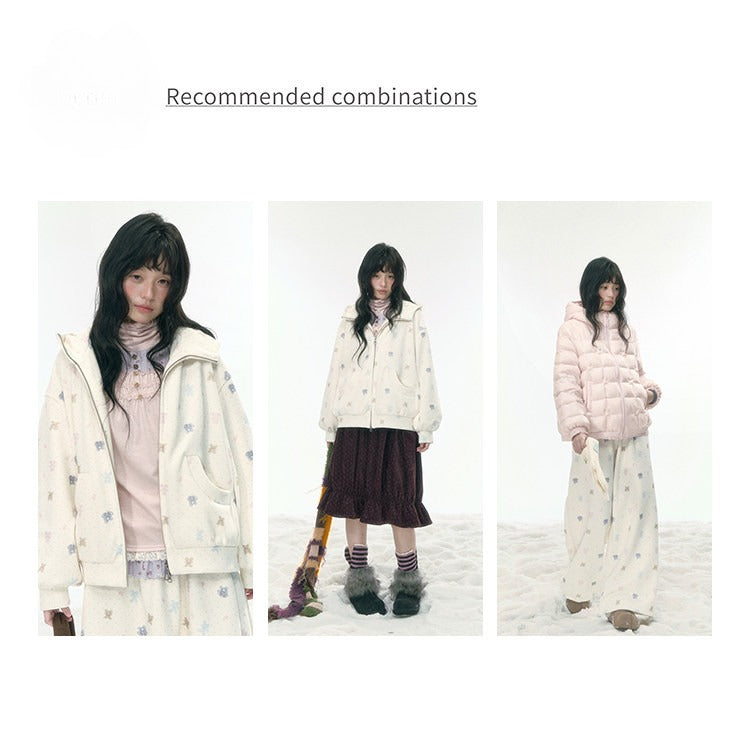 JOVYLLE - Cream Printed Fleece-Lined Sweatshirt, Pants & Skirt Set