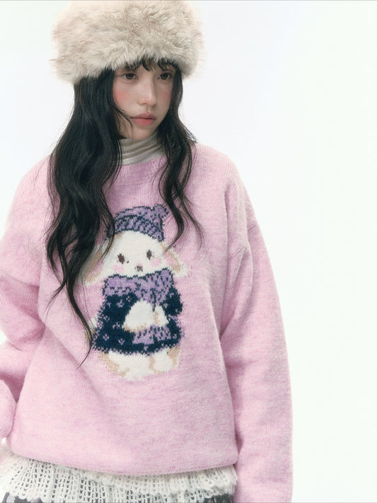JOVYLLE - Pink Rabbit Jacquard Knit Sweater