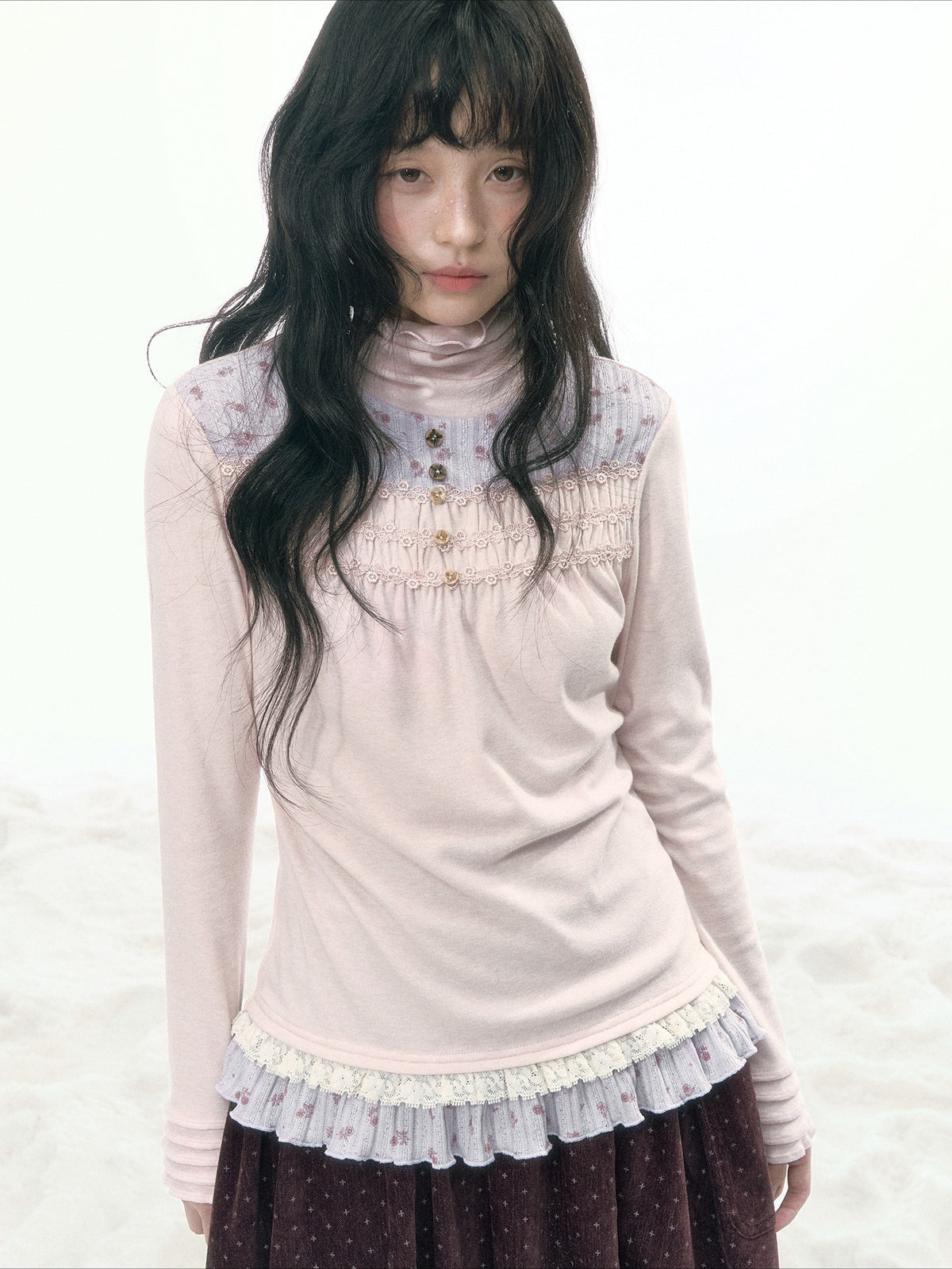 JOVYLLE - Pink Floral Patchwork Long-Sleeve Top