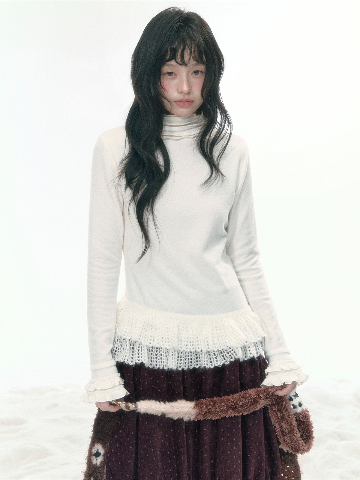 JOVYLLE - Cream Ivory Lace-Trim Turtleneck Top