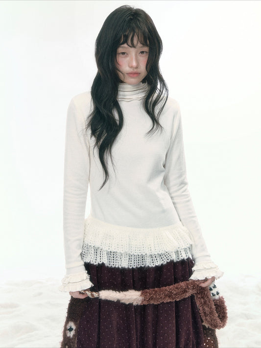 JOVYLLE - Cream Ivory Lace-Trim Turtleneck Top
