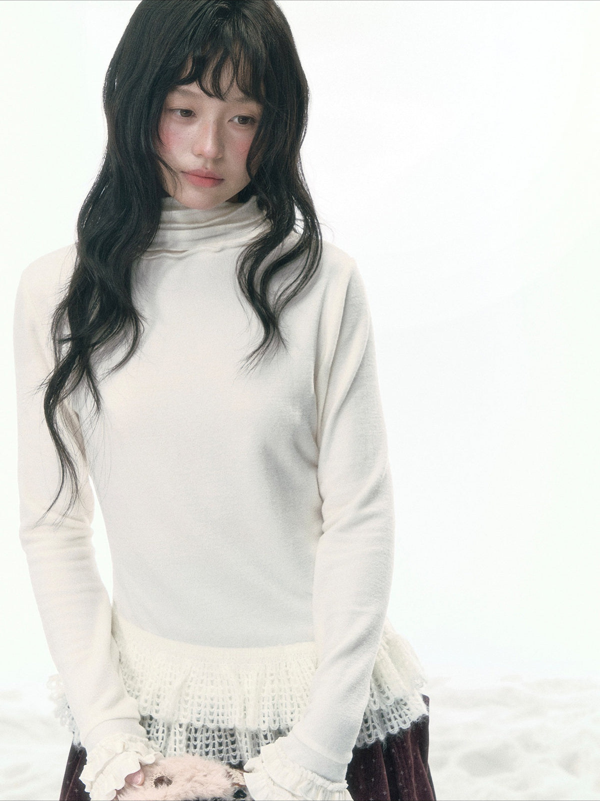 JOVYLLE - Cream Ivory Lace-Trim Turtleneck Top