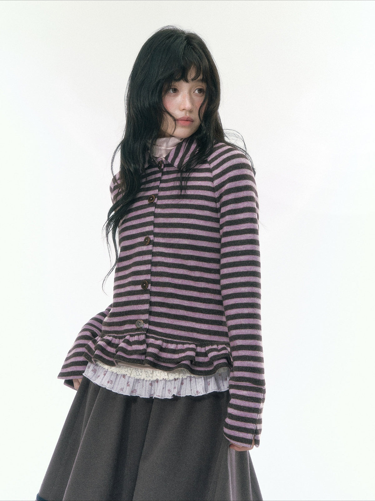 JOVYLLE - Purple Striped Knit Long-Sleeve Layering Top