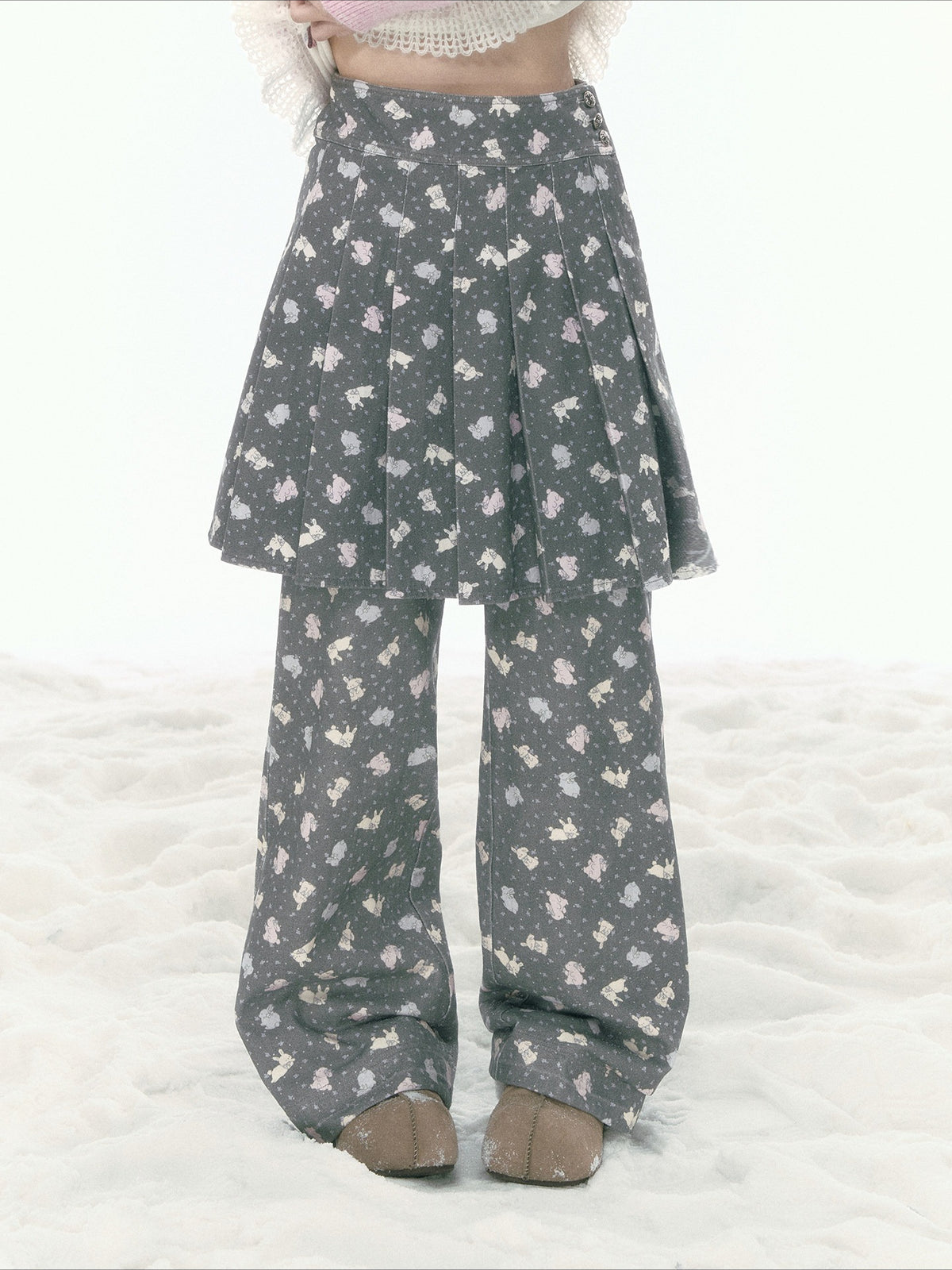 JOVYLLE - Pink Bunny Print Cotton Pants & Pleated Skirt