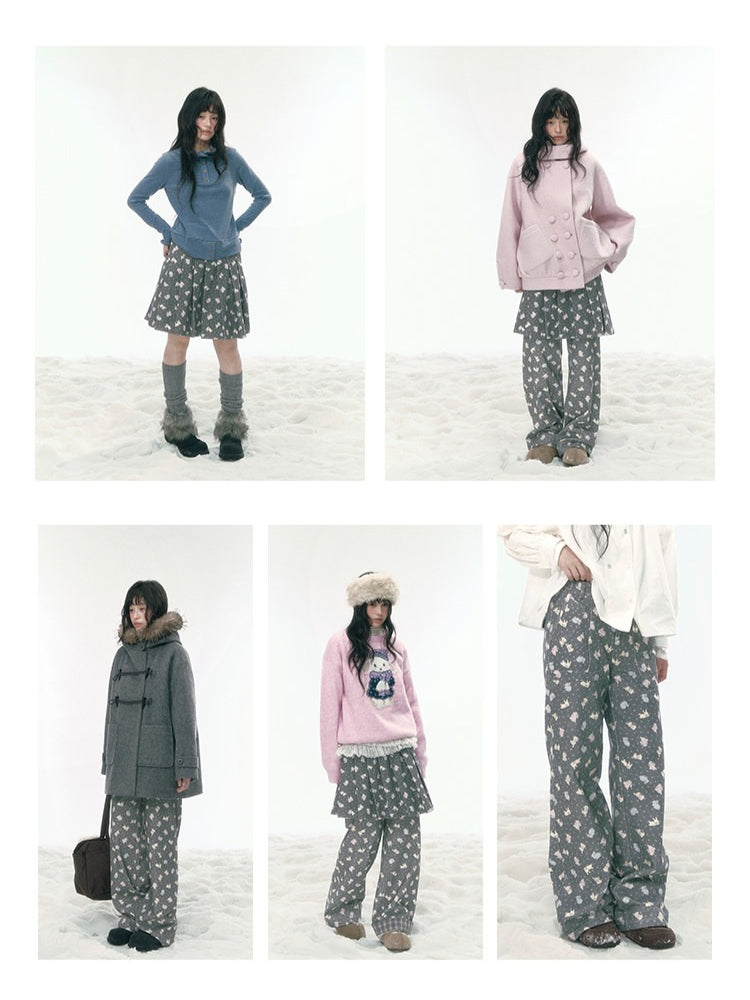 JOVYLLE - Pink Bunny Print Cotton Pants & Pleated Skirt
