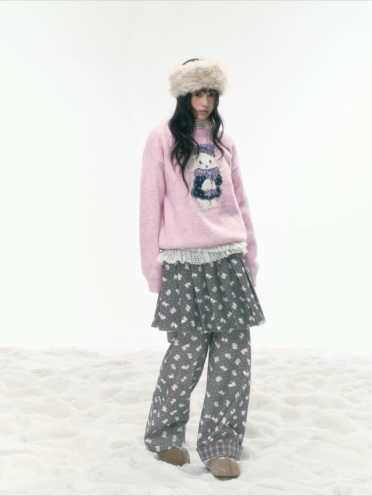 JOVYLLE - Pink Bunny Print Cotton Pants & Pleated Skirt