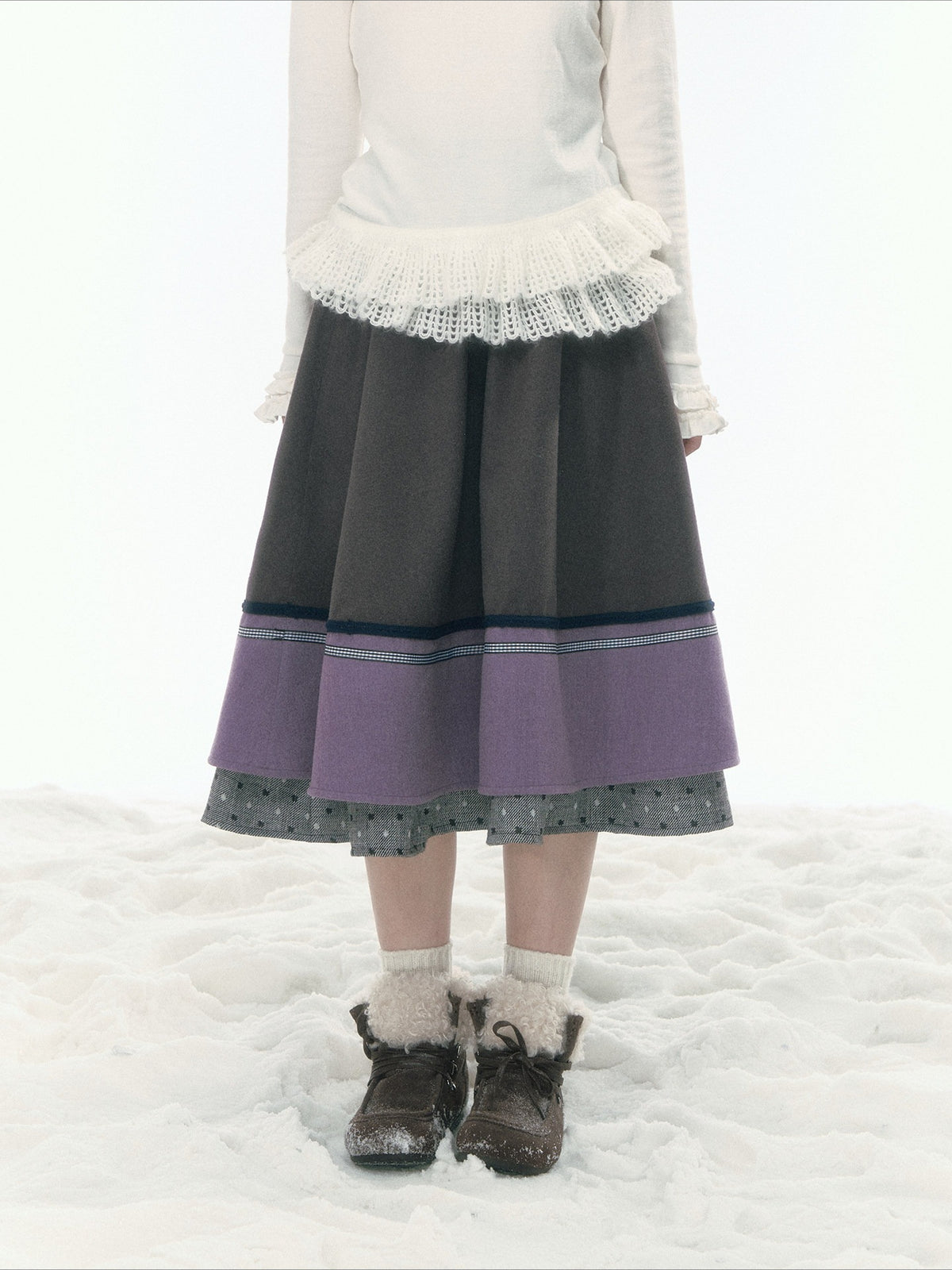 JOVYLLE - Gray Purple Color-Block Winter Midi Skirt