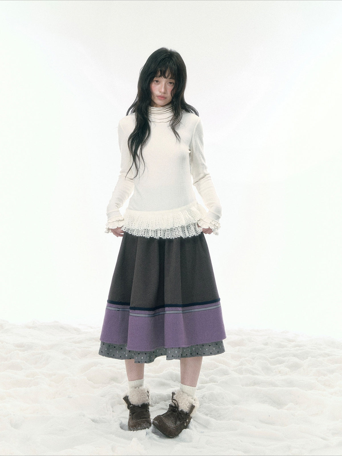 JOVYLLE - Gray Purple Color-Block Winter Midi Skirt