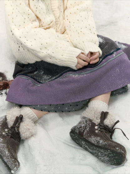 JOVYLLE - Gray Purple Color-Block Winter Midi Skirt