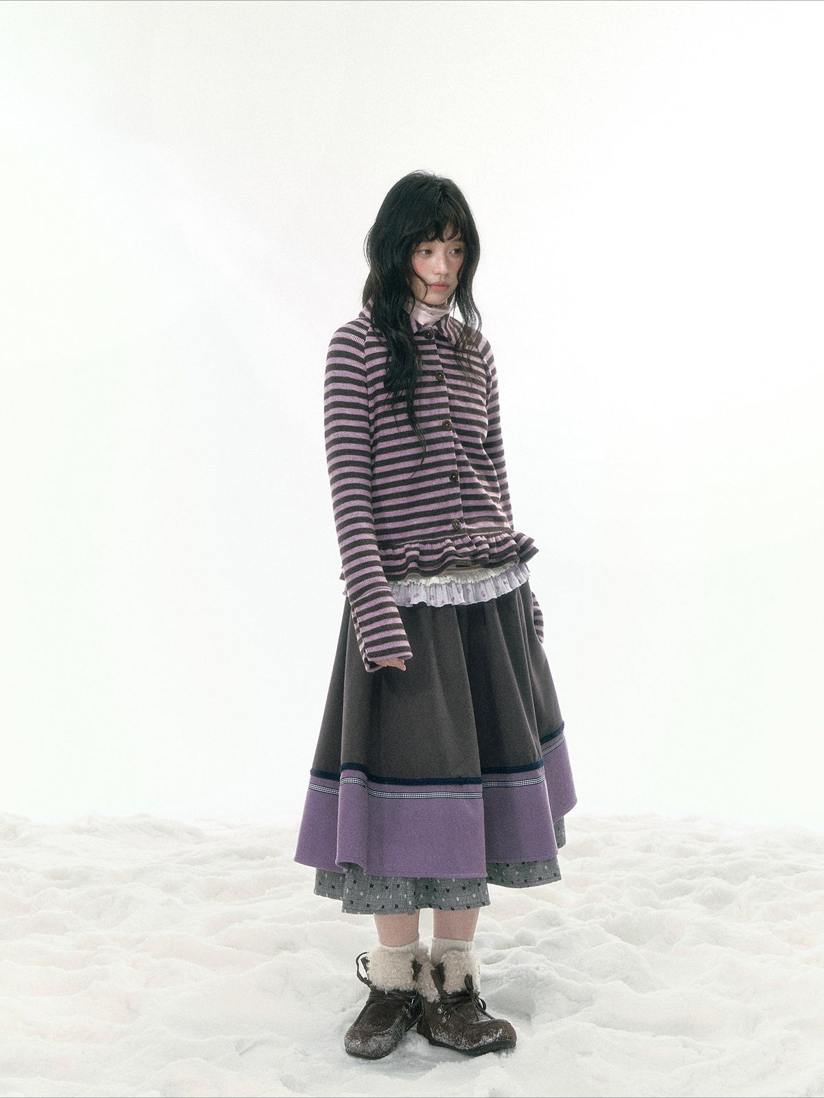 JOVYLLE - Gray Purple Color-Block Winter Midi Skirt