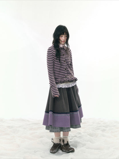 JOVYLLE - Gray Purple Color-Block Winter Midi Skirt