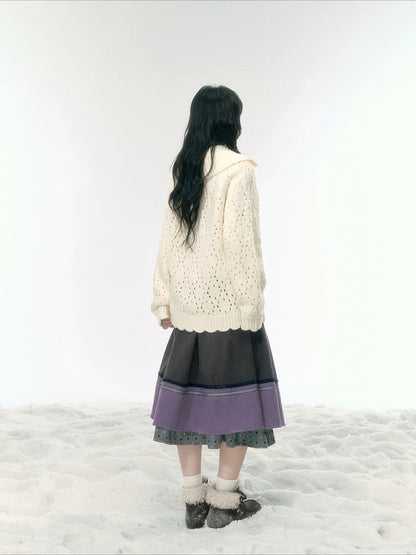 JOVYLLE - Gray Purple Color-Block Winter Midi Skirt