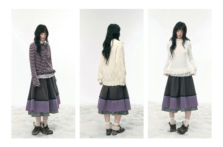 JOVYLLE - Gray Purple Color-Block Winter Midi Skirt