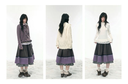 JOVYLLE - Gray Purple Color-Block Winter Midi Skirt