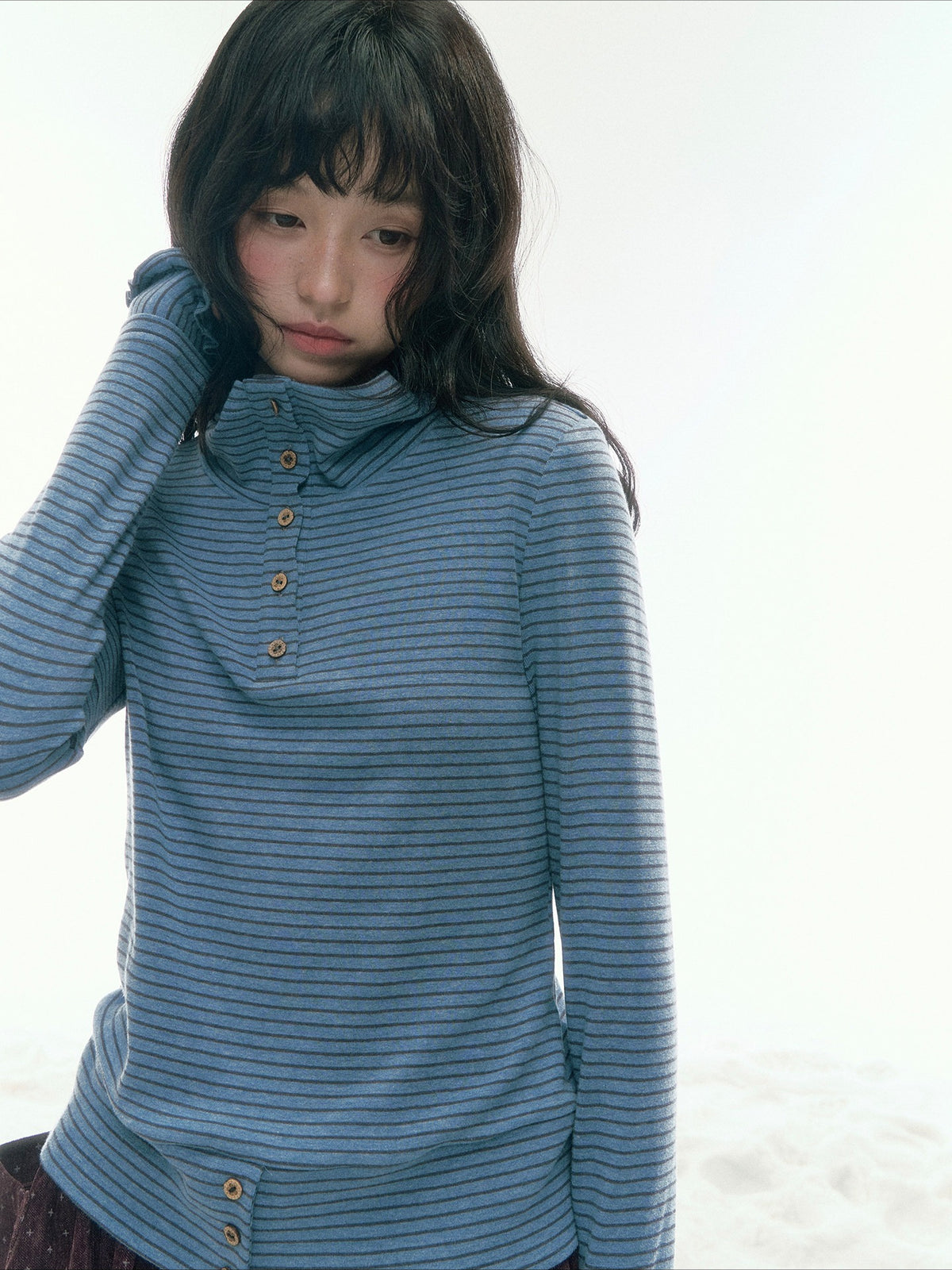JOVYLLE - Blue Gray Striped Turtleneck Long-Sleeve Base Layer