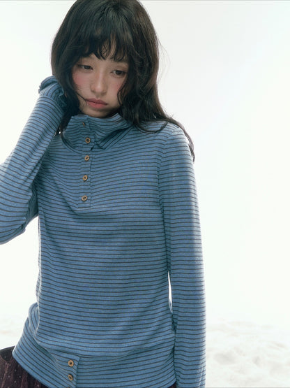 JOVYLLE - Blue Gray Striped Turtleneck Long-Sleeve Base Layer