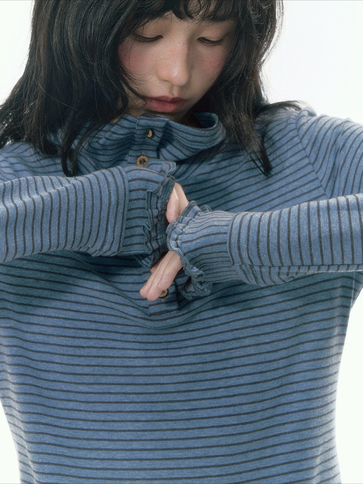 JOVYLLE - Blue Gray Striped Turtleneck Long-Sleeve Base Layer
