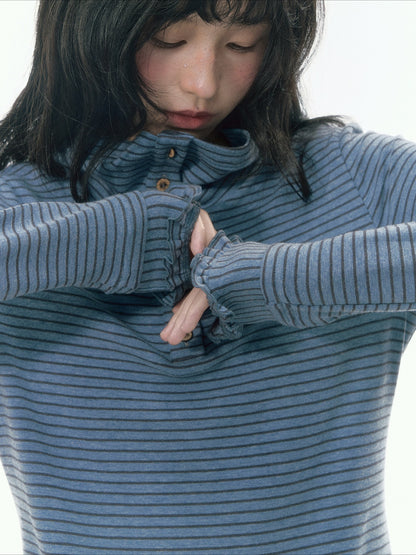 JOVYLLE - Blue Gray Striped Turtleneck Long-Sleeve Base Layer
