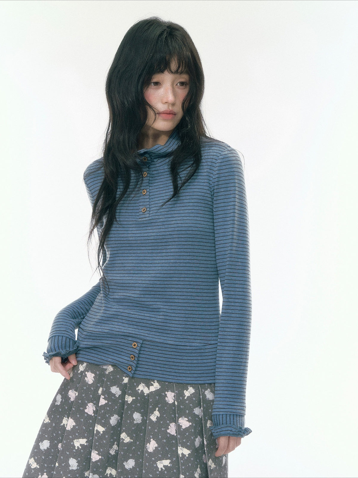 JOVYLLE - Blue Gray Striped Turtleneck Long-Sleeve Base Layer