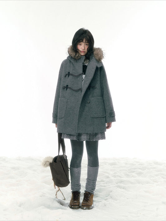 JOVYLLE - Gray Vintage Prep Detachable Faux-Fur Collar Wool Coat