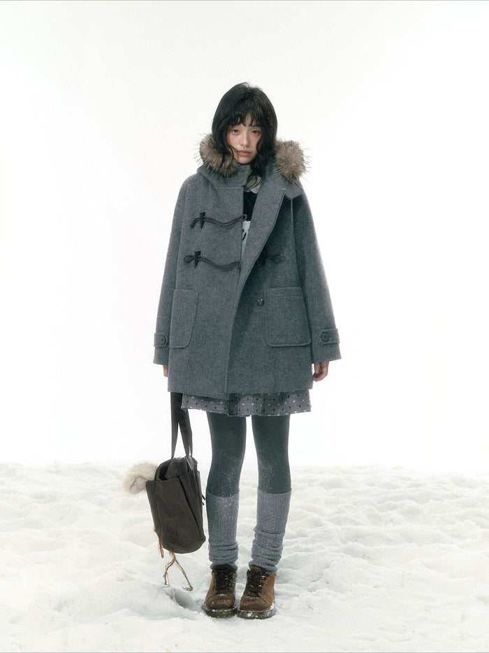 JOVYLLE - Gray Vintage Prep Detachable Faux-Fur Collar Wool Coat