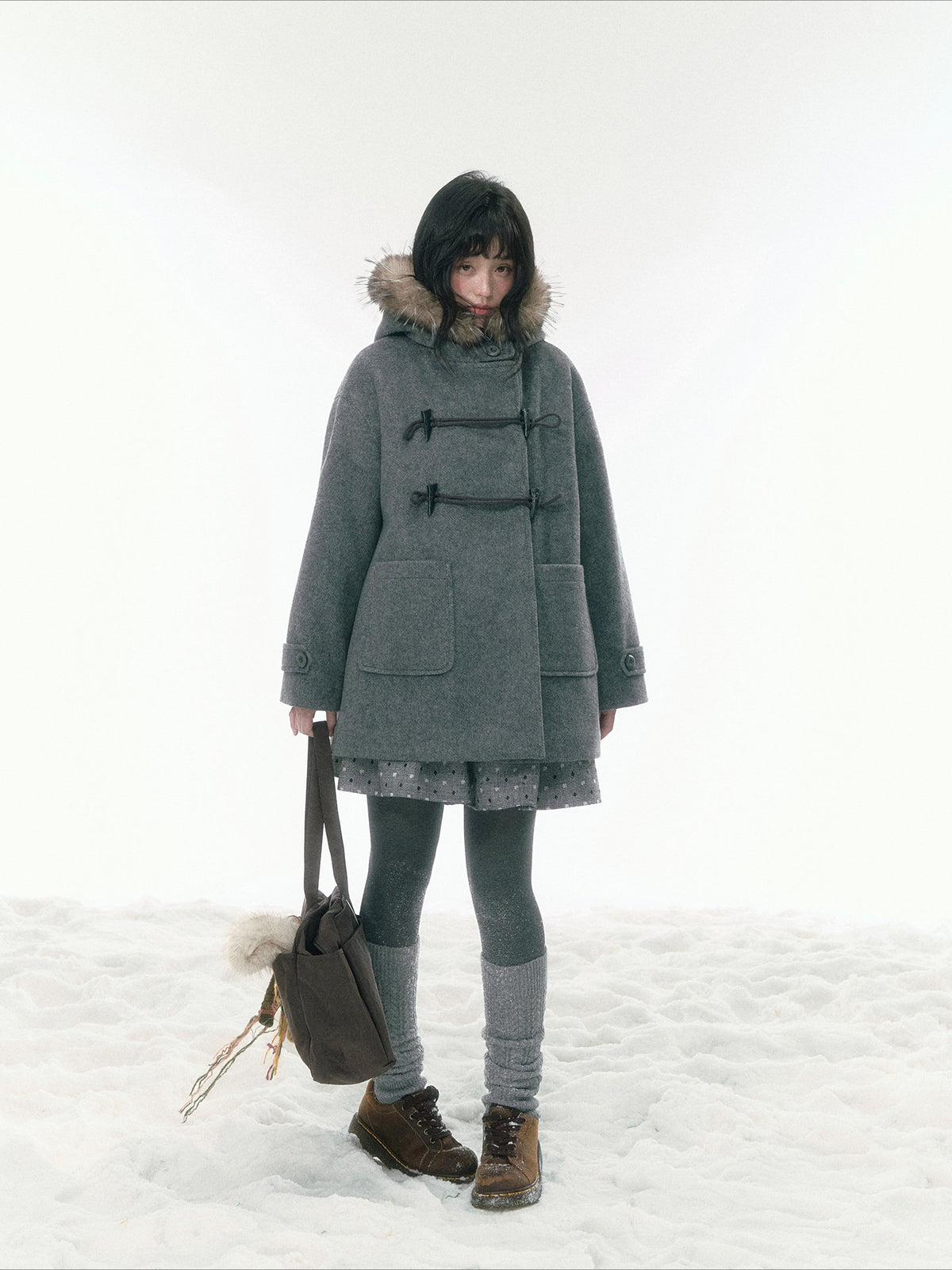 JOVYLLE - Gray Vintage Prep Detachable Faux-Fur Collar Wool Coat