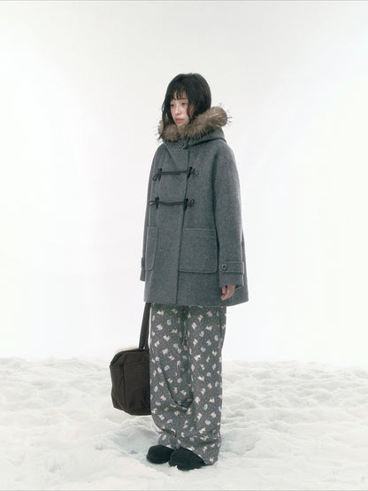 JOVYLLE - Gray Vintage Prep Detachable Faux-Fur Collar Wool Coat